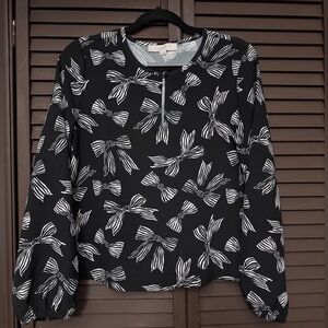 LOFT Black and White Bow Slit Neck Women's Top Blouse Size XS